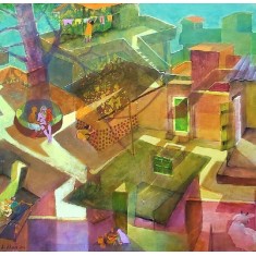 Masood A Khan, Back to Nature-1, 35 x 47 Inch, Acrylic on Canvas, Cityscape Paintings, AC-MAK-003